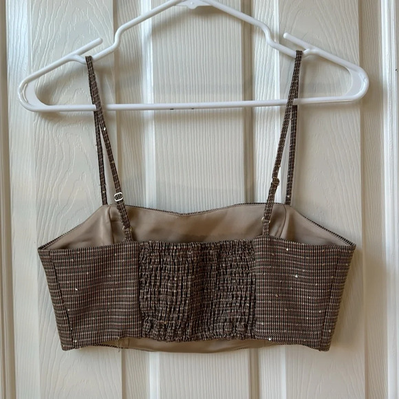 House Of Harlow 1960 spaghetti strap plaid bralette sequins brown XS - Picture 3 of 9